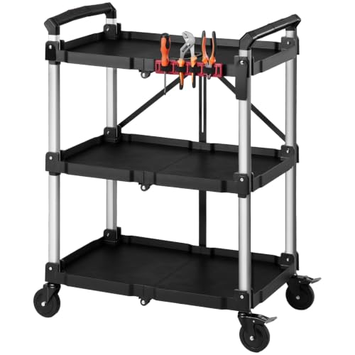 VEVOR 3 Shelf Heavy Duty Folding Jobsite Cart, 3 Tier Rolling Cart with Side Tool Holder & 360° Swivel Wheels (2 Brakes), 300 LBS Folding Utility Cart, Tool Storage for Garage Warehouse Workshop - size: 31.1 x 19.69 x 41.34 in