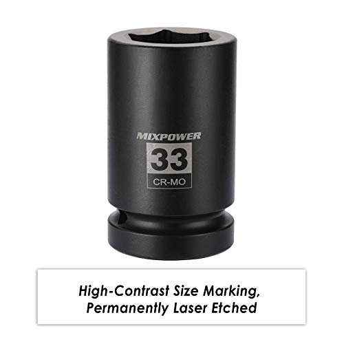 MIXPOWER 1 Inch Drive Deep Impact Socket, CR-MO, 33mm, 6 Point, Radius Corner Design, Chamfered Opening, Axle Nut Impact Grade Socket for Easy Removal - size: 33mm (1 Piece)