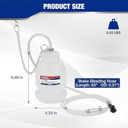 WORKPRO 1L Brake Bleeder Bottle with 63 Inch Brake Bleeder Hose One Way Check Valve & Rubber Connector, One Man Brake Bleeder Kit with Hooked Chain, Wide Base - for Automotive, Cars, Motorcycles