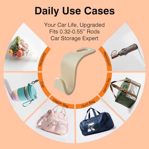 Car Seat Hooks & Purse Holder - 4 Pack Boxed,55 lb Heavy Duty,Eco PP Car Hooks for Purse/Bag/Baby Gear/Gym Bag/Groceries/Cup/,Fits 0.32-0.55”Car Headrest Rods (Beige) - color: Beige