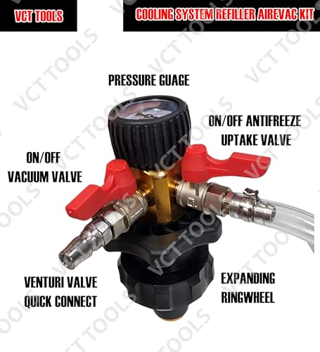 VCT 8pc Coolant System Refiller Kit, 3 Adapters, Remove Air Trapped in Cooling System, Test Radiator and Heating Core Lines for Leaks, Fits Most Radiator Necks and Coolant Reservoirs