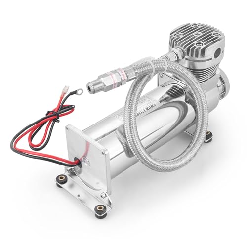200PSI Air Ride Suspension Compressor with 3/8 NPT Hose Kit, Heavy Duty 12V 480C Air Compressor Pump for Train Horn & Air Bag Suspension, Chrome Silver Fit for Truck & Car