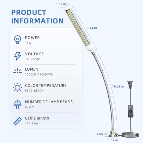 LED Magnetic Work Light, 15W high Brightness,Flexible Gooseneck lamp with Strong Magnetic Base for Lathe Milling Drill Press Industrial 1500lums Lighting 110-230V
