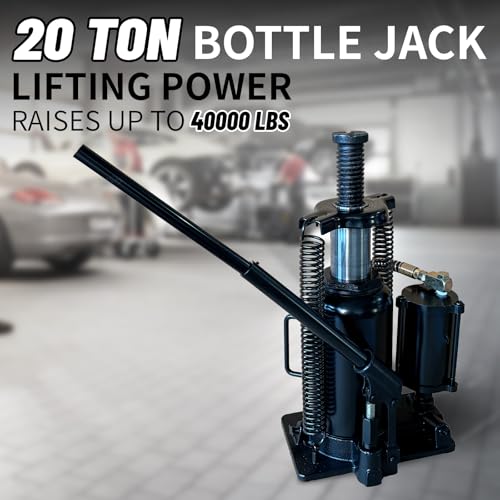 20 Ton Low Profile Air Hydraulic Bottle Jack with Air-Powered or Manual Operation, One-Piece Hydraulic Cylinder Design, Air Bottle Jack with Independent Air Pump Body and Carry Handle - color: Black