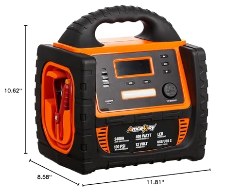 2400A Car Battery Jump Starter and Portable Power Station – Starts 8.0L Gas & 8.0L Diesel – 6-in-1 Jump Starter with Air Compressor 100 PSI Tire Inflator – 400 Watt Inverter AC/DC/USB Outlets - style: Orange