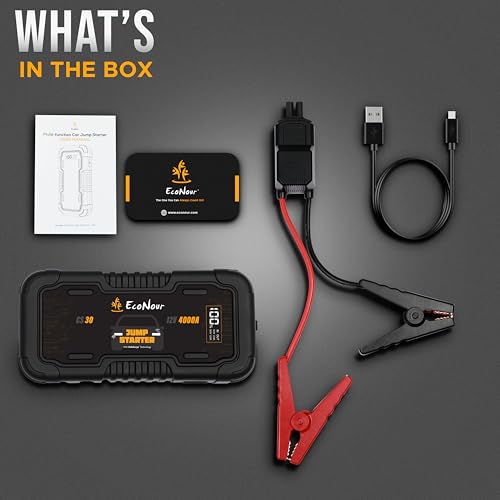 EcoNour car Battery Jump Starter 4000A Peak Up to 10L Gas & 10L Diesel Engines 12V Lithium Jump Box with Jumper Cables, USB Charger, LCD Display, LED Flashlight – for Cars, SUVs, Trucks - color: Black, size: 4000A