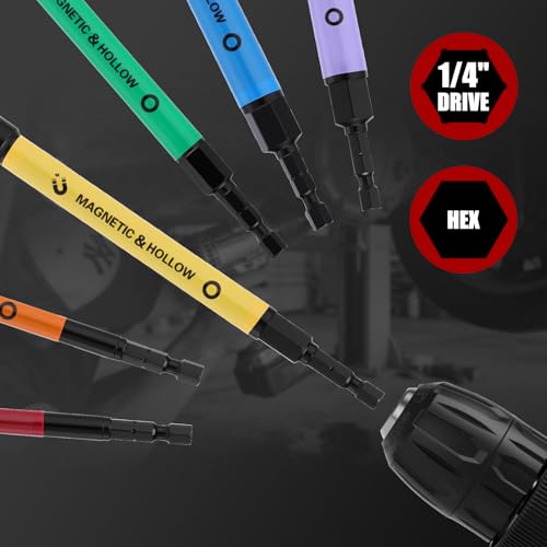 EMENTOL 6 PCS Hollow Shaft Magnetic Nut Driver Set, 1/4 to 9/16-Inch Color Coded Hex Sockets, 5-Inch Extended Reach SAE Nut Setters, Cr-V Steel Impact Rated for HVAC & Automotive Repair