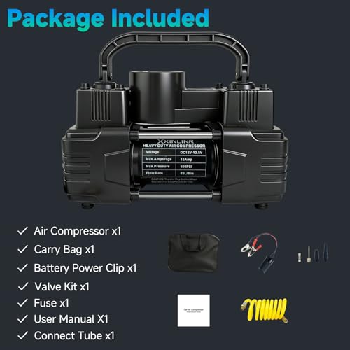 Rapid Inflation Heavy-Duty Portable Dual-Cylinder Tire Inflator with Pressure Gauge - 12V 150PSI Metal Air Compressor (LED Light), Adapters & Storage Bag Included, Fits Cars, RV Tires - style: Manual