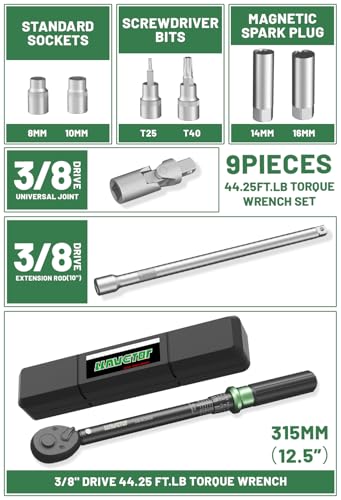 3/8" Torque Wrench Set, Adjustable Click Torque Wrench 3.69-44.25 ft.lb, Inch Pound Torque - size: 3.69-44.25 ft-lb (9 pcs)