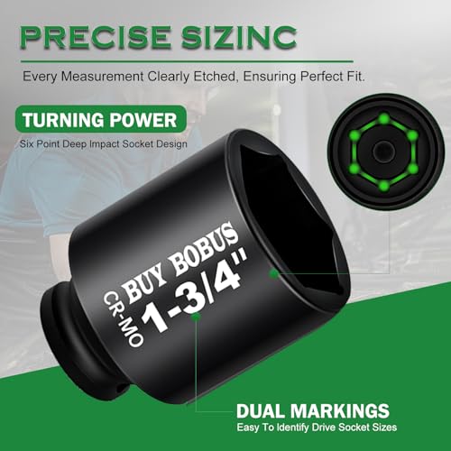 1/2" Drive Impact Socket Set, 9-Piece Standard SAE Deep Axle Nut Sockets, 6-Point, Cr-Mo,1-1/4,1-3/8,1-7/16,1-1/2,1-9/16,1-5/8,1-11/16,1-3/4, Impact Socket Adapter (3/4" x 1/2") - size: 9 Piece 1/2" SAE Impact Socket Set