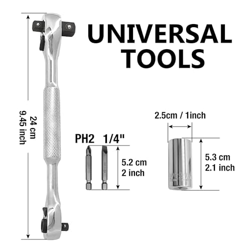 MacWork 4-in-1 Wrench and Universal Socket Set, 1/4", 3/8", 1/2" Drive and 1/4" Drive Bit Driver Ratchet Handle, 72-Tooth, with Universal Socket(7-19mm), Phillips #2 & Slotted 1/4" Screwdriver Bit