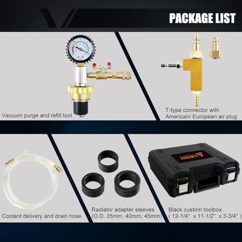 Automotive Radiator Coolant Vacuum Refill Tool Kit, Engine Cooling System Vacuum Purge & Fill Tool Set with Universal Adapters (O.D. 32mm 35mm 40mm 45mm) for Car SUV Truck Airlift, Black Case - color: Black Case