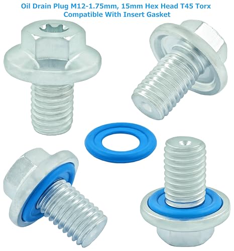 5PCS Oil Drain Plug M12-1.75, 15mm Hex Head T45 Torx Compatible with Insert Gasket, More 5PCS Gasket, fit for GMC, Buick, Cadillac, Chevrolet, Replace GM 55577568, 090-948, 090-948CD, 11519933
