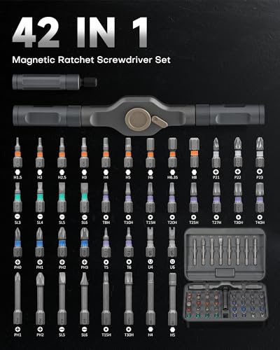 DOZAWA 42 in 1 Magnetic Screwdriver Set, T-Handle Ratchet Kits, S2 Steel | Precision tool set with S2 steel bits for electronics repair, home maintenance & DIY projects, practical gift idea for adults