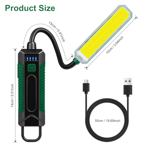LED Work Light with 360° Flexible Gooseneck, Rechargeable 2000mAh Magnetic Mechanic Light, 5 Modes COB Inspection Lamp with Hook, USB-C Portable Flashlight for Auto Repair, Camping, Workshop