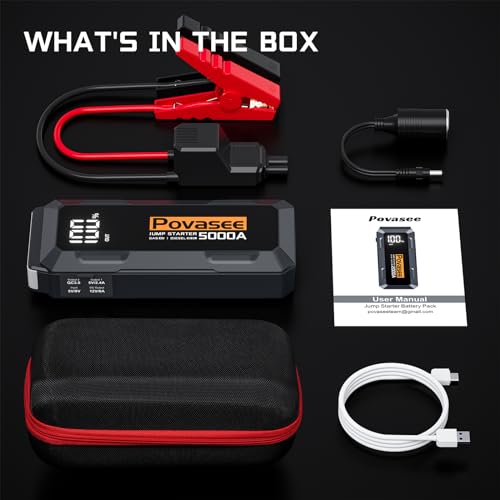 5000A Jump Starter | Povasee A40 Car Battery Jump Starter, 12V Portable Power Pack for All Gas & 10L Diesel Engines, with 3" LCD Display, Dual USB Output & Multi-Mode LED Light - style: 5000A