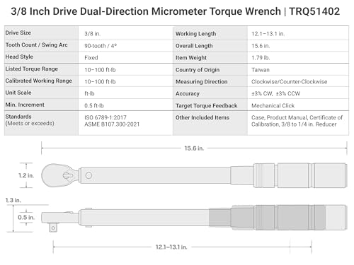 TEKTON 3/8 Inch Drive Micrometer Torque Wrench | TRQ51402 - size: 3/8 in.