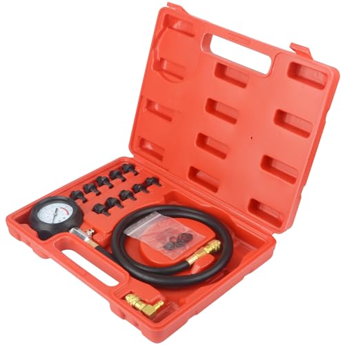 DAYUAN Engine Cylinder Oil Pressure Diagnostic Tester Tool Set | Tests Oil Pump Pressure & Low Oil Warning Systems, 0-140 PSI Gauge, 1200mm Hose, 90° Coupler, 10 Adapters, Storage Case