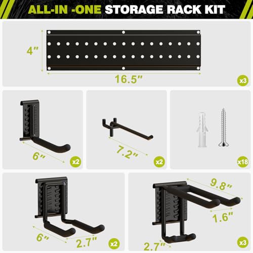 NattyDot 49.5" Garage Tool Wall Organizer, 9 Shed Hooks for Shovels, Black | Wide 49.5-inch Wall Rack 9 Hooks for Skis, Shovels and Garden Tools, Creating Tidy Garage, Workshop and Shed Storage