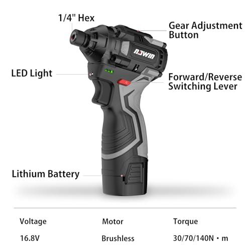 NAWIN Cordless Impact Driver Kit 16.8V Max Torque 140Nm(105ft-lbs)High Rotation Electric Impact Driver Brushless Motor Continuously Variable Rechargeable 1/4" impact driver 2.0Ah Batteries