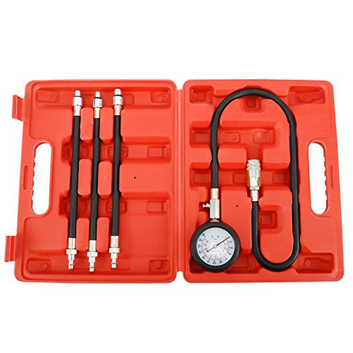 Compression Gauge Test Set for Engine Cylinders, Diagnostic Tester with 4 Long Reach Hoses M10 M12 M14 0-300 PSI
