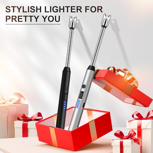 LcFun 3 Pack Electric Candle Lighter Windproof USB Rechargeable Plasma Lighter with LED Battery Display, Flameless Long Arc Lighters for Grill BBQ Camping Fireplace Stove(Black,Silver,Gold) - color: Black & Silver & Gold