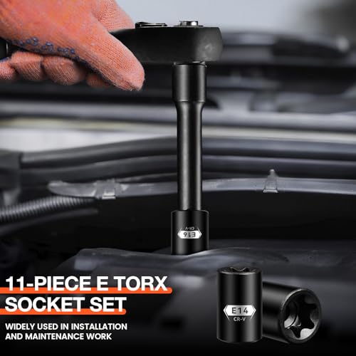 BLACKROBOT E Torx & Star Socket Set With Rail, 11-Piece Female External Sockets, 3/8" 1/4" Drive Precision Torque Inverted Torx Kit, E4 E5 E6 E7 E8 E10 E12 E14 E16 E18 E20 Reverse Socket