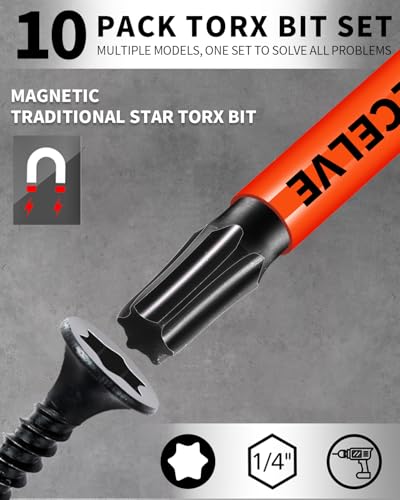 DYRECELVE Impact Torx Bit Set T15 T20 T25 T30 T40, 10-Pack 2 Inch S2 Steel Magnetic Power Bits for Impact Driver, 1/4 Inch Hex Shank Heavy Duty Magnetic Grip (Anti-Slip) - size: 10 Pcs T15-T40 Torx Bits
