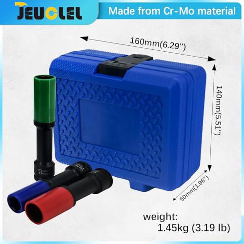 3PCS Lug Nut Socket Set, 1/2" Drive Impact Extra-Long Impact Socke | 17mm, 19mm, 21mm, 6 Point, Non-Marring, Thin Wall, Deep Socket, Wheel Protector, Protective Socket, Color-Coded, Cr-Mo Steel