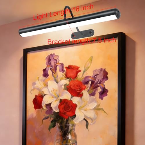 Set of 2 Picture Lights with Timer Dimmer, Painting Light with Remote Rechargeable Battery ,Wall Art 3 Lighting Colors Temps,16inch Full Metal Over Picture Painting Frame Dartboard Gallery Hallway - color: Black, size: 16inch Gooseneck 2-Pack
