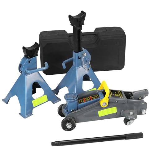 Larbanke 2-Ton Hydraulic Low Profile Floor Jack Combo Set with 2 Ratchet Jack Stands (6600 lbs), Car Jack and Stand Kit, Reflective Strips for Nighttime Use