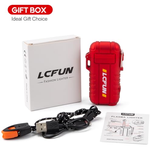 LcFun Electric Dual Arc Lighter USB Rechargeable, Windproof Plasma Lighters with LED Battery Indicator, Waterproof Flashlight Lighter with Whistle Lanyard for Camping, Survival Gear Gifts for Men - color: Red Pro