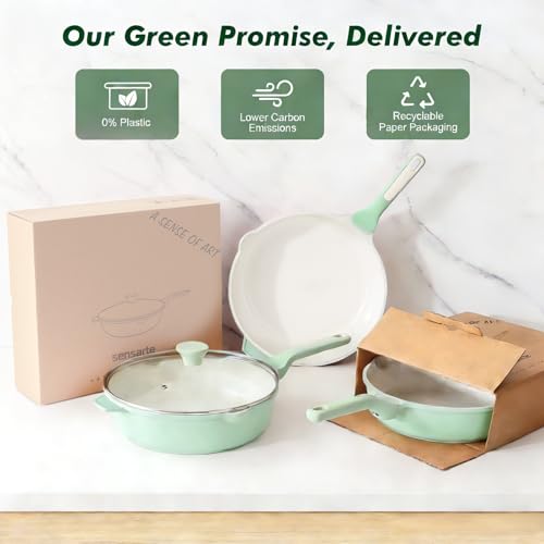 SENSARTE Nonstick Ceramic Skillet with Lid 10-inch, 3.5QT Non Toxic Deep Frying Pan, Dishwasher Safe Saute Pan with Lid, Stay-cool Handle, Healthy Induction Cooking Pot, Green - color: Mint Green, size: 10-inch/3.5QT