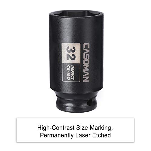 CASOMAN 1/2" Drive x 32 mm Deep 6 PT Impact Socket, CR-MO, 1/2-inch Drive 6 Point Axle Nut Socket for Easy Removal of Axle Shaft Nuts (32MM) - size: 32 mm (Deep), style: 6-Point Socket
