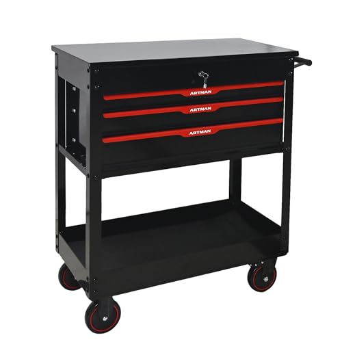 Rolling Tool Chest with Metal Top, 3-Drawer Tool Cart with Wheels, Black | Ball-Bearing Slides, Powder-Coated Finish, Side Tool Rack, Lockable, Locking Brakes, Ergonomic Push Handle - color: Black
