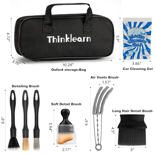 ThinkLearn Car Detailing Kit, Car Interior Detailing Kit, Including 7Pcs Auto Detailing Brushs and 200g Cleaning Gel (25% More Than 160g) Storage Bag, Car Accessories | Interior 3 Detail Brushes, 200g Gel, Boar Hair Fiber Synthetic, Long Hair Brush, Air V