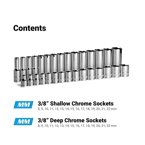 Capri Tools 3/8 in. Drive Shallow and Deep Chrome Socket Set, 6-Point, 8 to 22 mm, 30-Piece - size: Shallow & Deep Set / 8-22 mm