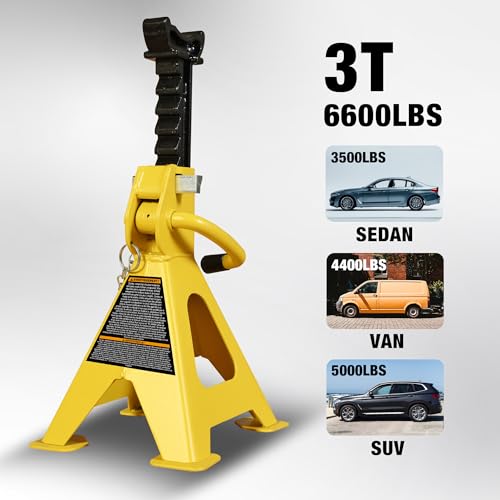 YELLOW JACKET Car Jack Stands 3 Ton with Double Locking and Large Foot Base for Lifting SUVS, Heavy Duty Steel, 6600 lb Capacity, 1 Pair, Yellow - color: yellow, size: 3 ton double locking and upgraded base