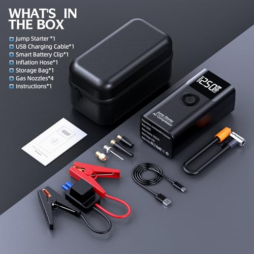 10-in-1 Jump Starter with Air Compressor, 3500A 150PSI Portable 12V Jump Box Car Battery (9 Gas/8 L Diesel), with Auto-Shutoff Tire Inflator, Power Bank, LED Lights, Large LCD Display