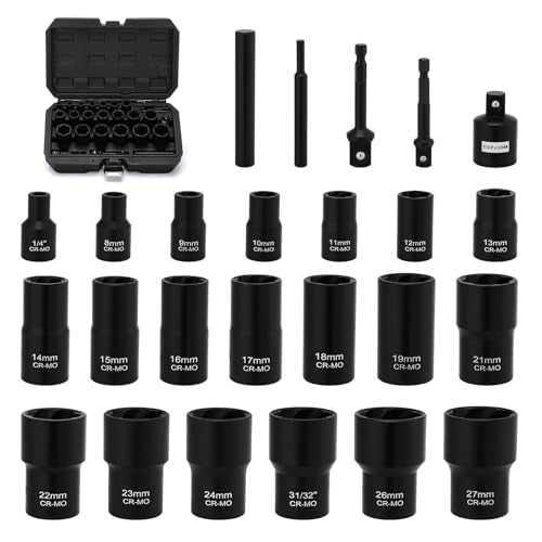 EMENTOL 25 Pieces Bolt Nut Extractor Set, 1/2" and 3/8" Drive Impact Lug Nut Remover Socket Tool, Wheel Lock Removal Kit for Removing Stripped Rusted Nuts/Damaged Nut or Bolt/Locknuts
