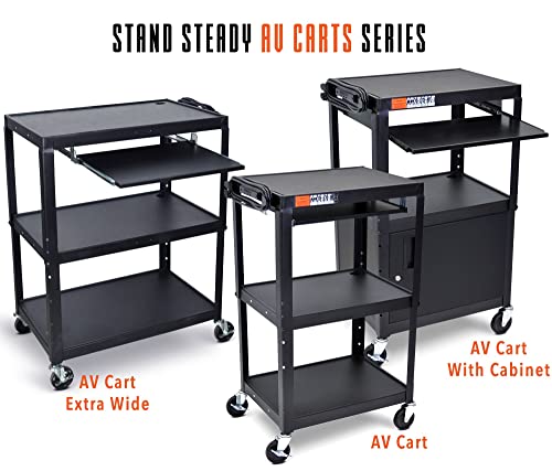 Stand Steady AV Cart with Locking Cabinet, Adjustable Height, UL Certified, Steel Frame, Black - color: Cabinet + Keyboard Tray, size: 24" L x 18" D x 42" H