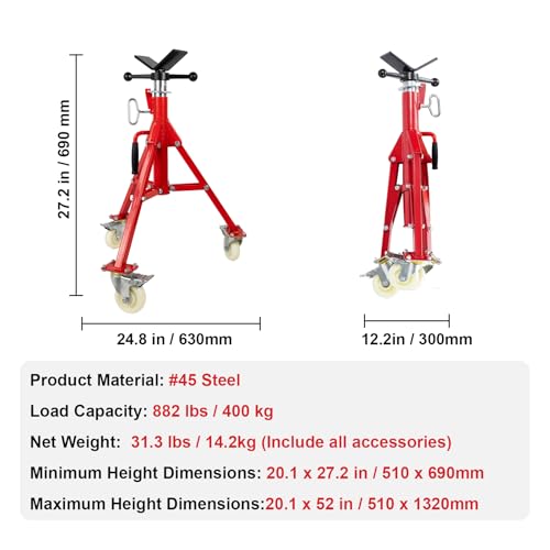 Pipe Jack Stand with Casters, 882LB Capacity, 27.2"-52" Adjustable, V-Head Support for Welding & Construction