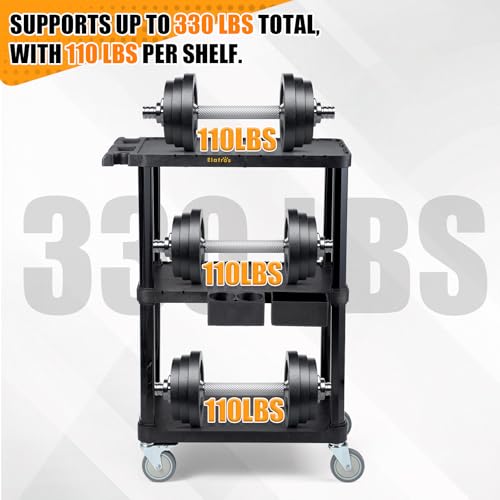 ELAFROS 3-Tier Heavy Duty Flat Top Rolling Utility Cart, 27.5 x 18.25 in | 330 lbs Capacity, Flat Top Shelves, Industrial Plastic, Swivel Wheels, Multipurpose Work Cart, Service Tool Organizer - style: Standard