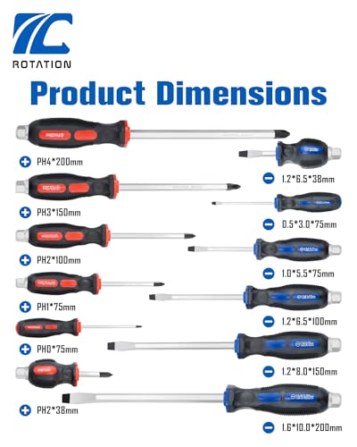 ROTATION Magnetic Screwdriver Set 12 PCS with Black tips, 6 Phillips and 6 Flat Head Screwdrivers, with Go-Thru Steel Blades, High Torque for Fastening and Loosening, pack with paper box