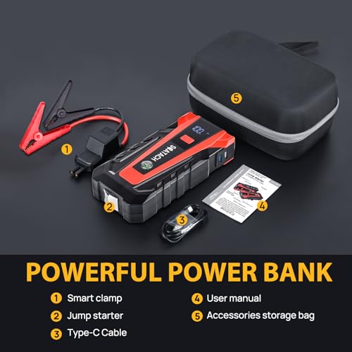 Car Battery Jump Starter,12V Jump Starter Battery Pack, Portable Jump Box with 3 Modes Flashlight and Jumper Cable - color: maroon