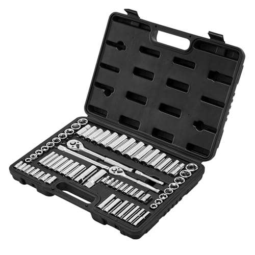 VEVOR Socket Set, 69 Pieces, 3/8 & 1/4 inch Drive Socket and Ratchet Set, SAE and Metric, Deep and Standard, Mechanic Tool Kit with Accessories and Storage Case, CR-V Alloy Steel, for Auto Repair - size: 1/4"&3/8", style: 69 PCS