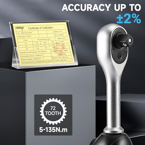 DISEN 3/8 inch Digital Torque Wrench (5-135 N.m / 3.7-99.6 Ft.lb), ±2% Accuracy, 8 Presets & 500 Data Memory, 5 Units, LED & Buzzer Alert, Tracking/Peak Modes, for Automotive Motorcycle Bicycle DIY - size: 3/8 inch