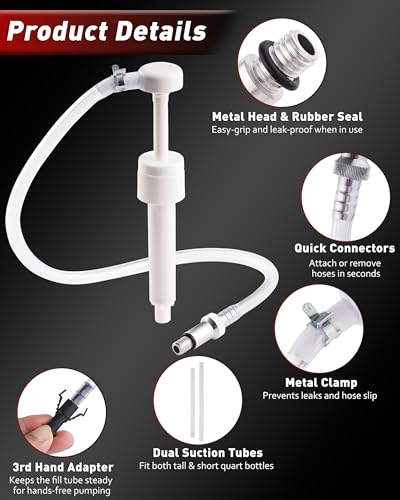 Lower Unit Gear Oil Pump for Standard Quart Bottles, 8cc Pump per Stroke, Transfer Gear Oil, Differential & Tramsmission Fluid, Hand Fluid Pump for 28mm bottle caps, 3 Metal & 3rd Adapters - color: White, Quart Pump