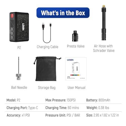LEXIN P2 Mini Electric Bike Pump with Gauge, 130PSI Portable Bicycle Pump with Presta & Schrader Valve, 800mAh Air Pump for Bike Tires, Auto Shut-Off, Fast Inflation for Road Bike, MTB, E-Bikes - color: P2