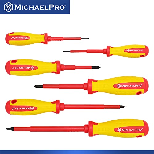 MichaelPro 6-Piece 1000V VDE Insulated Screwdriver Set, Electrician Tools, Slotted and Phillips Screwdrivers with Magnetic Tips, CR-MO Steel, 10,000V Tested and Certified for Electrician Safety - size: 6-Piece Phillips and Slotted Screwdrivers